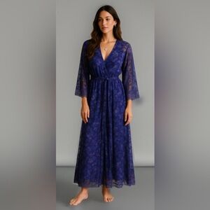 Vintage Mid 2000 Victoria Secret Purple Floral Chiffon Robe M/L Lace Trim Sleeve
